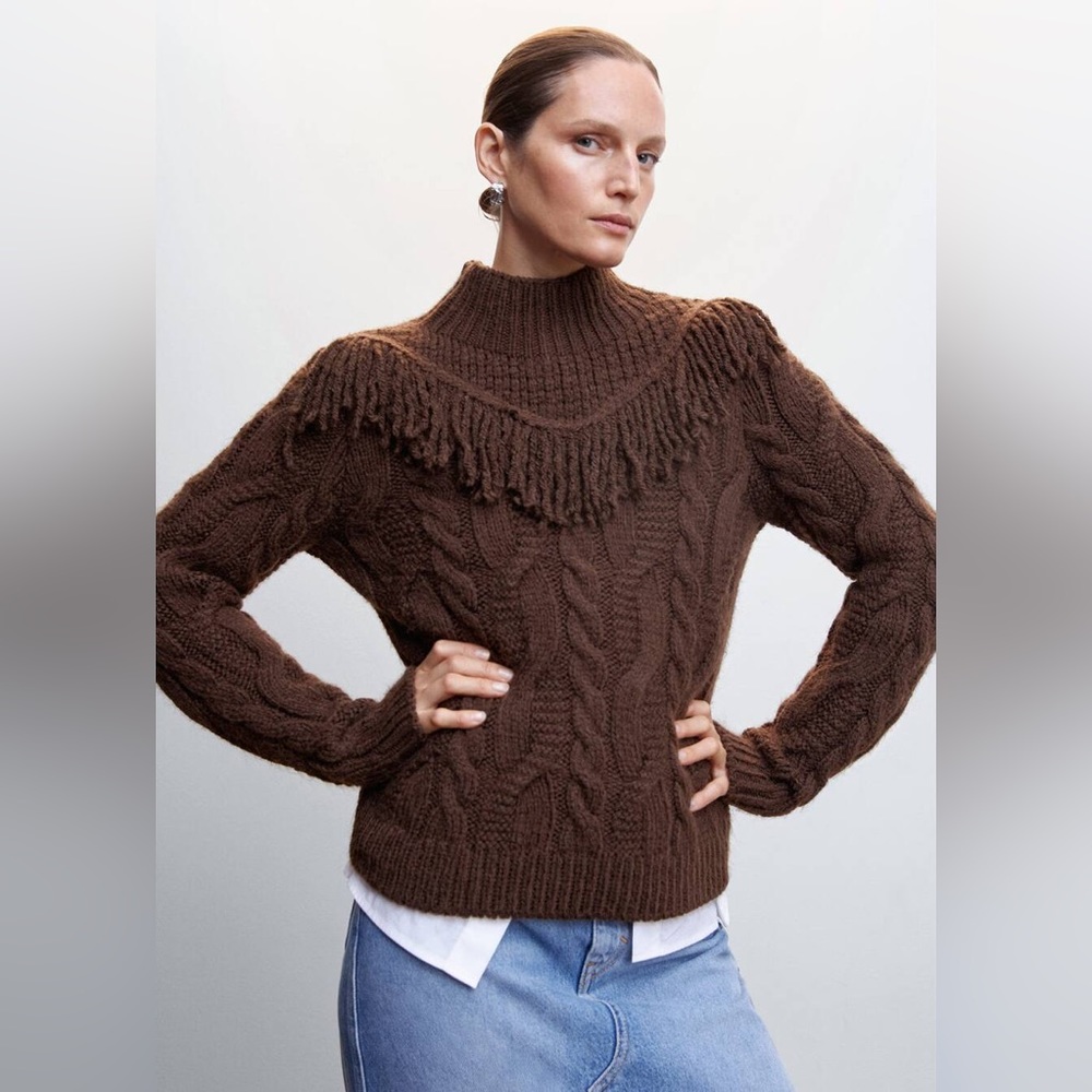 Brown Fringed cable-knit sweater